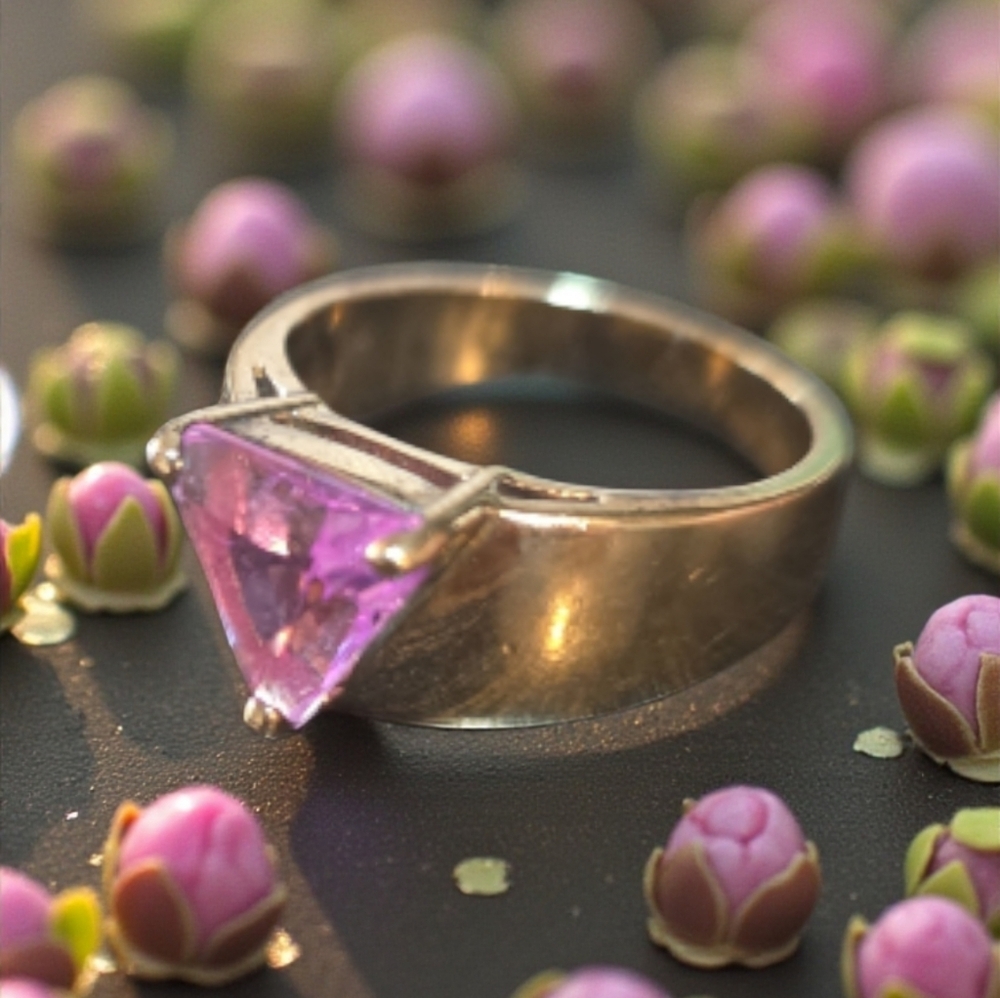 Sterling Silver Elegant Gold Ring with Pink Tourmaline Gemstone Sz 7.75